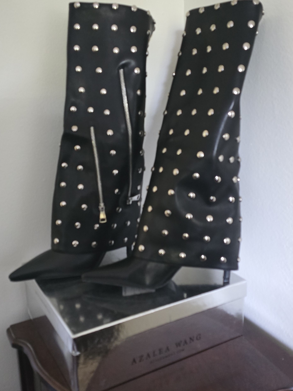 Black Studded Over-The-Knee Boots with Side Zipper